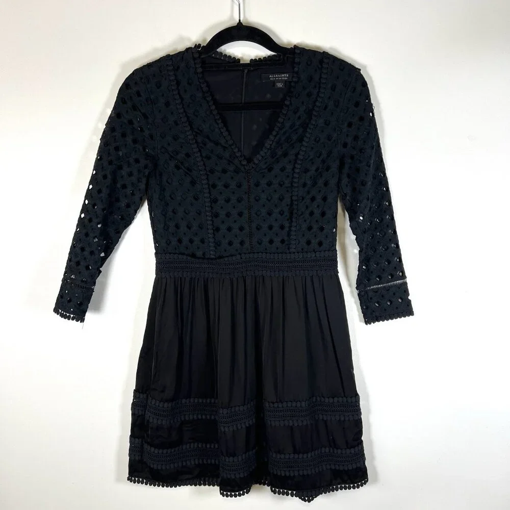 AllSaints crochet dress size 0 black lace 3/4 sleeve v neck‎ lined Silo tiered